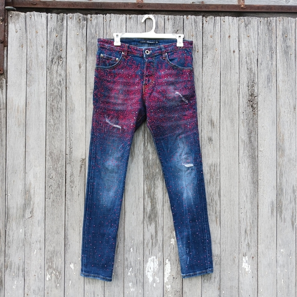 Avenue George V Red Rhinestone Skinny Jeans Mens Sz 32 Button Fly Distressed - Picture 1 of 11
